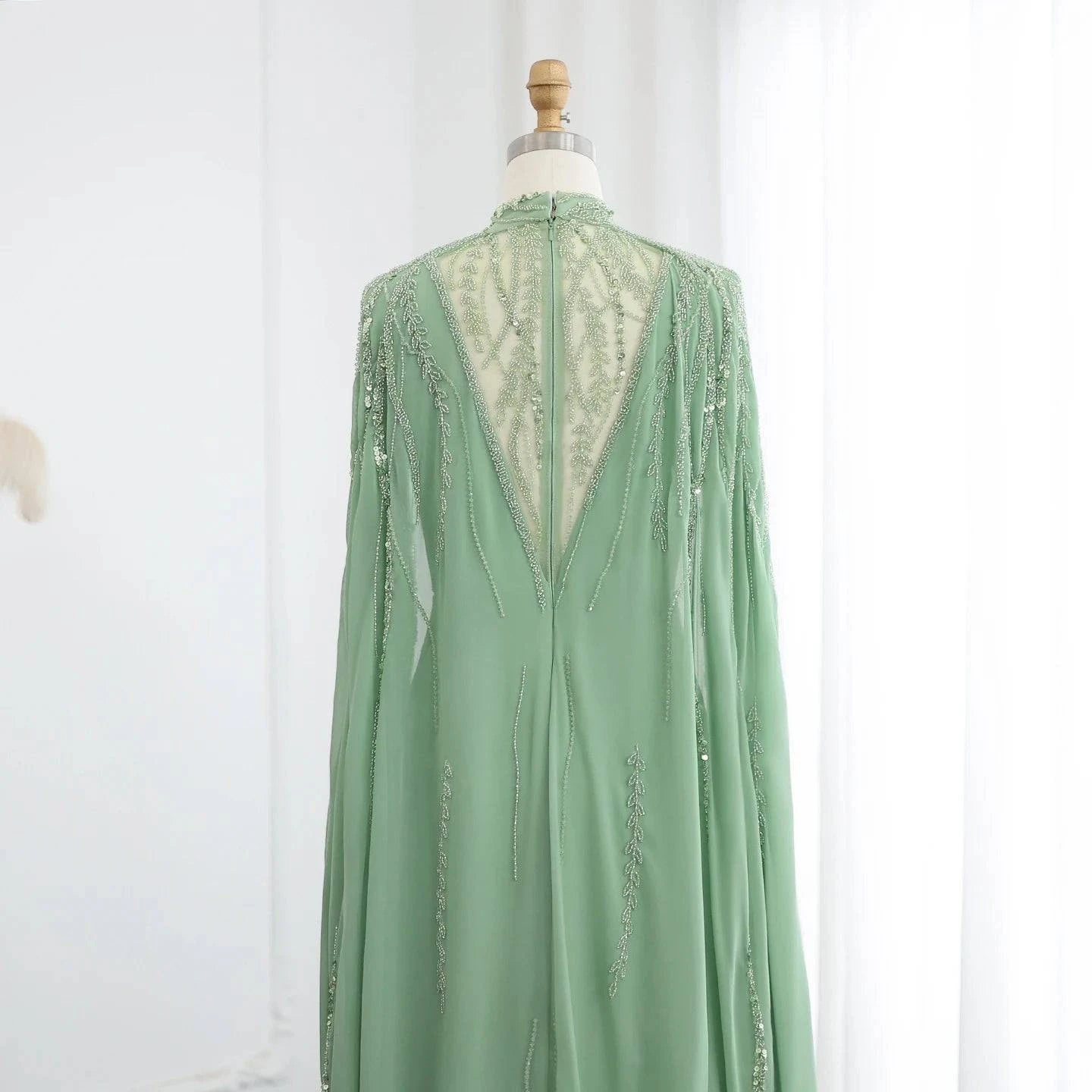 Beaded Sage Green Muslim High Neck Evening Dress with Cape Long Sleeves - Riviera Couture