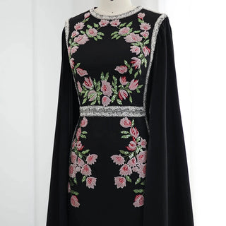 Beaded Black Elegant Evening Dress with Cape Sleeves - Riviera Couture