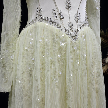 Beige Off-Shoulder Long Sleeve Sequined A-Line Evening Gown — GCC Formal — Riviera Couture GCC Luxury Evening Gown