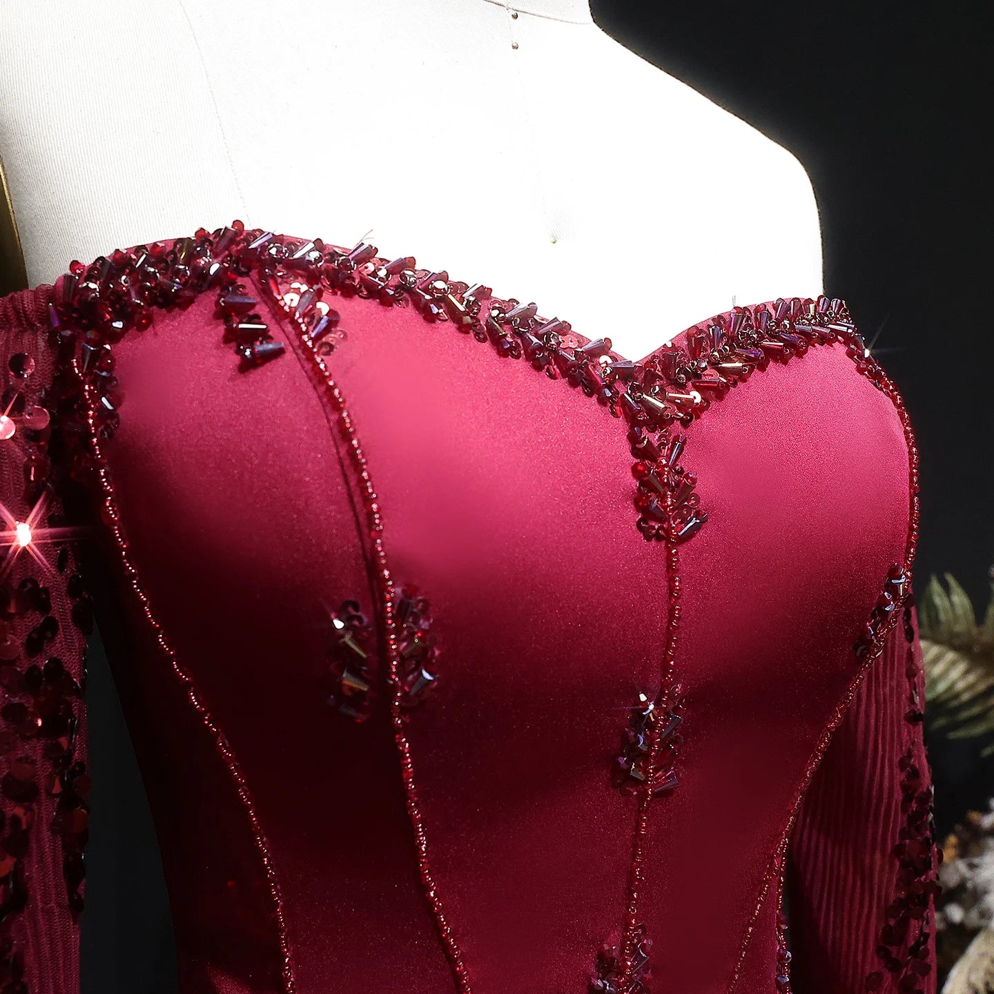 Wine Red Off-Shoulder Long Sleeve Sequined A-Line Evening Gown — GCC Formal — Riviera Couture GCC Luxury Evening Gown
