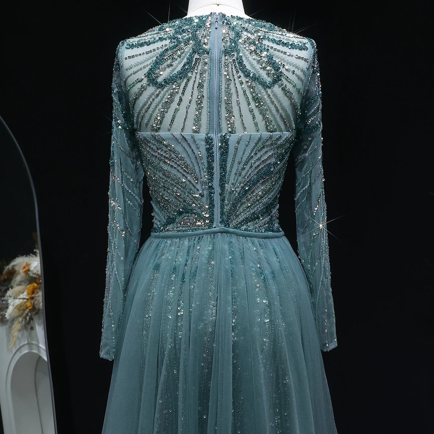 Beaded Long Sleeve Evening Gown with Overskirt and Side Slit — Riviera Couture GCC Luxury Evening Gown