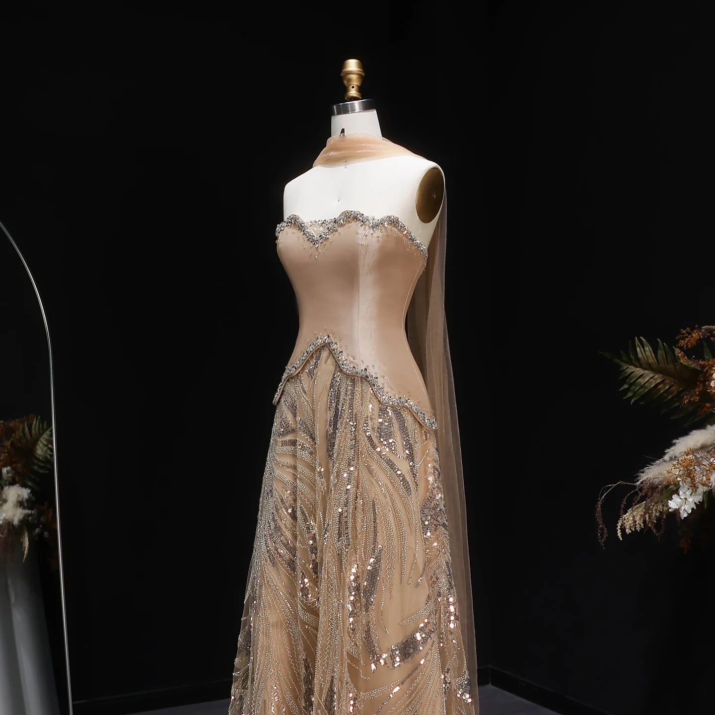 Champagne Beaded Sequined Evening Gown with Scarf — Luxury GCC Formal — Riviera Couture GCC Luxury Evening Gown