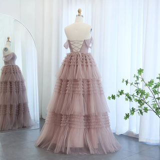 Pink Off Shoulder Ruffles Evening Dress - Riviera Couture