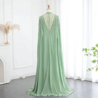 Beaded Sage Green Muslim High Neck Evening Dress with Cape Long Sleeves - Riviera Couture