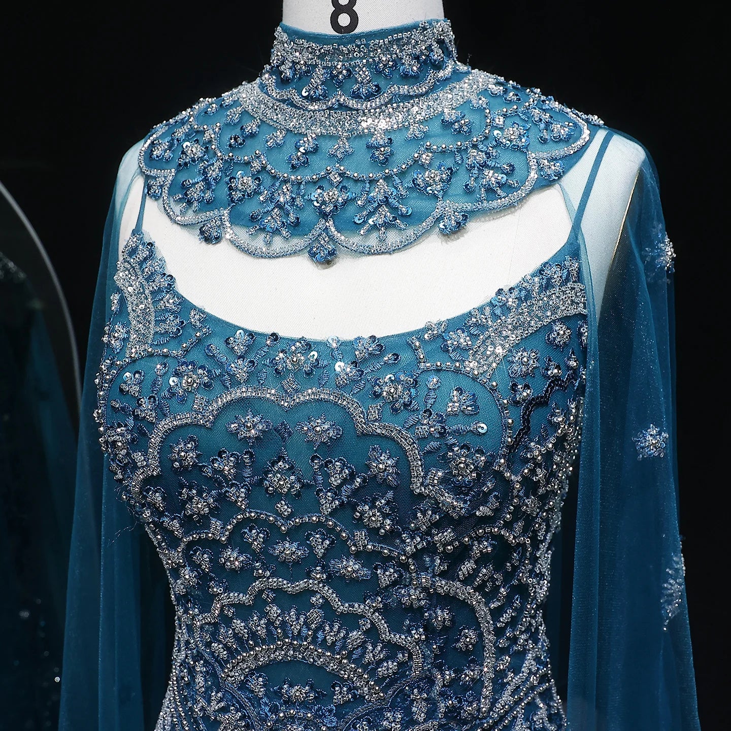 Teal Plus Size Beaded Mermaid Evening Gown with Cape — GCC Luxury Formal — Riviera Couture GCC Luxury Evening Gown