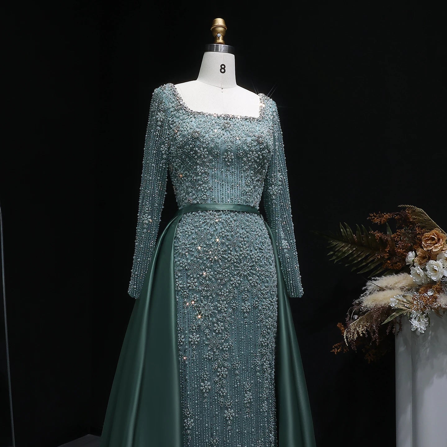 Champagne Beaded Long Sleeve Mermaid Evening Gown with Overskirt — Arabic — Riviera Couture GCC Luxury Evening Gown