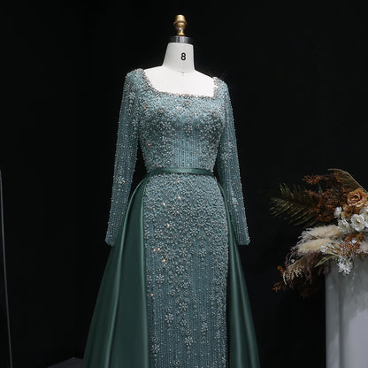 Champagne Beaded Long Sleeve Mermaid Evening Gown with Overskirt — Arabic — Riviera Couture GCC Luxury Evening Gown