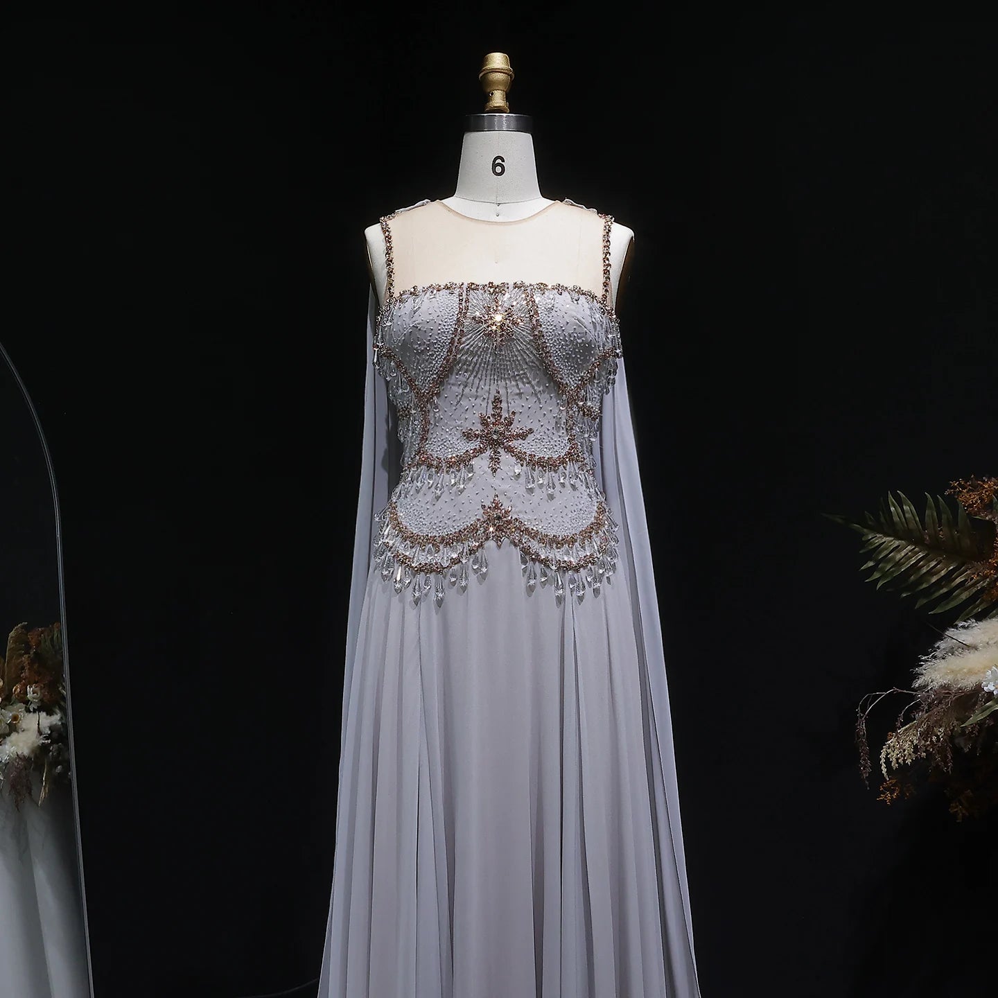 Blush Pink Silver Gold Cape Sleeve Evening Gown — Crystal Beaded Blush Pink — Riviera Couture GCC Luxury Evening Gown