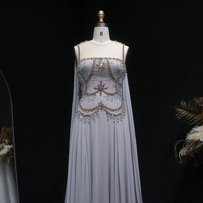 Blush Pink Silver Gold Cape Sleeve Evening Gown — Crystal Beaded Blush Pink — Riviera Couture GCC Luxury Evening Gown