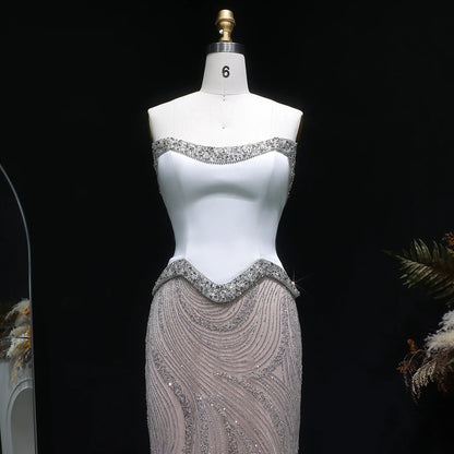 White Strapless Sequin Mermaid Evening Gown — Beaded Sparkle GCC Luxury — Riviera Couture GCC Luxury Evening Gown