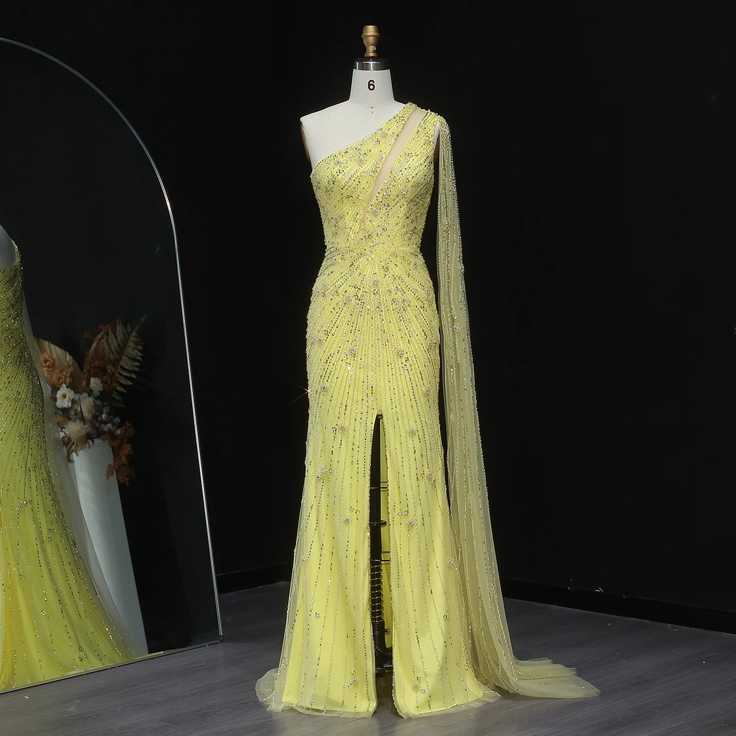 Yellow Black One-Shoulder Mermaid Evening Gown with Yellow Flowing Cape — Riviera Couture GCC Luxury Evening Gown