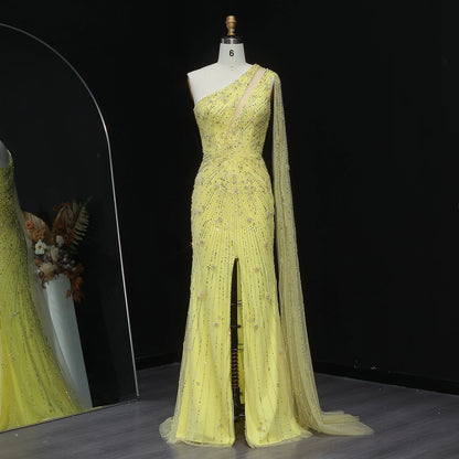 Yellow Black One-Shoulder Mermaid Evening Gown with Yellow Flowing Cape — Riviera Couture GCC Luxury Evening Gown
