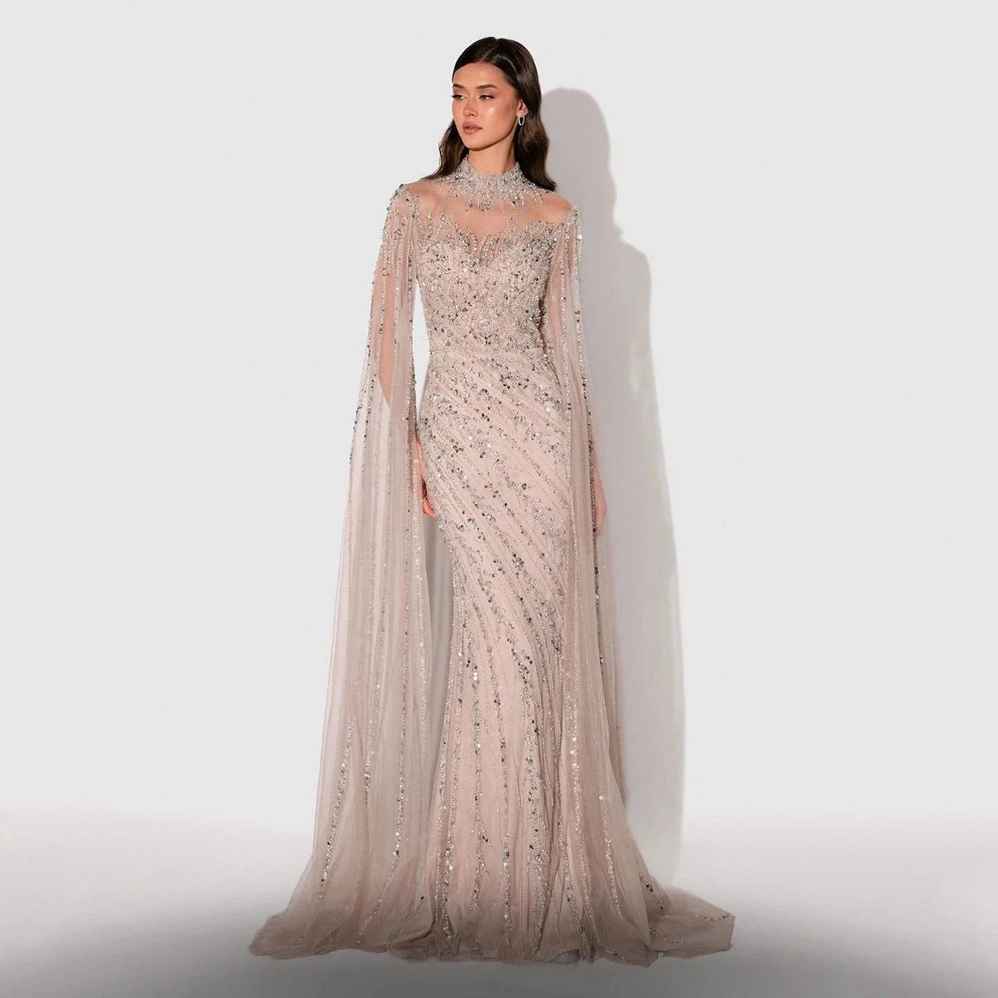 Mermaid Evening Dresses with Cape Sleeves and High Neck - Riviera Couture