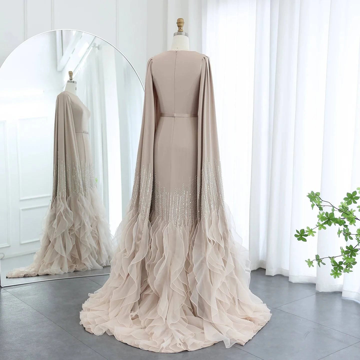 Mermaid Nude Evening Dress with Cape Sleeves Tiered Ruffles - Riviera Couture