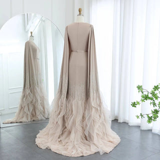 Mermaid Nude Evening Dress with Cape Sleeves Tiered Ruffles - Riviera Couture