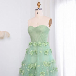 Sage Green 3D Flowers Evening Dress with Cape - Riviera Couture