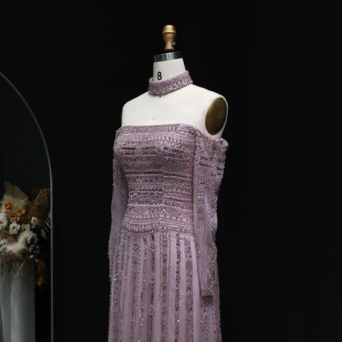 Pink Pink Off-Shoulder Evening Gown with Choker — Heavy Beaded Long Sleeve — Riviera Couture GCC Luxury Evening Gown