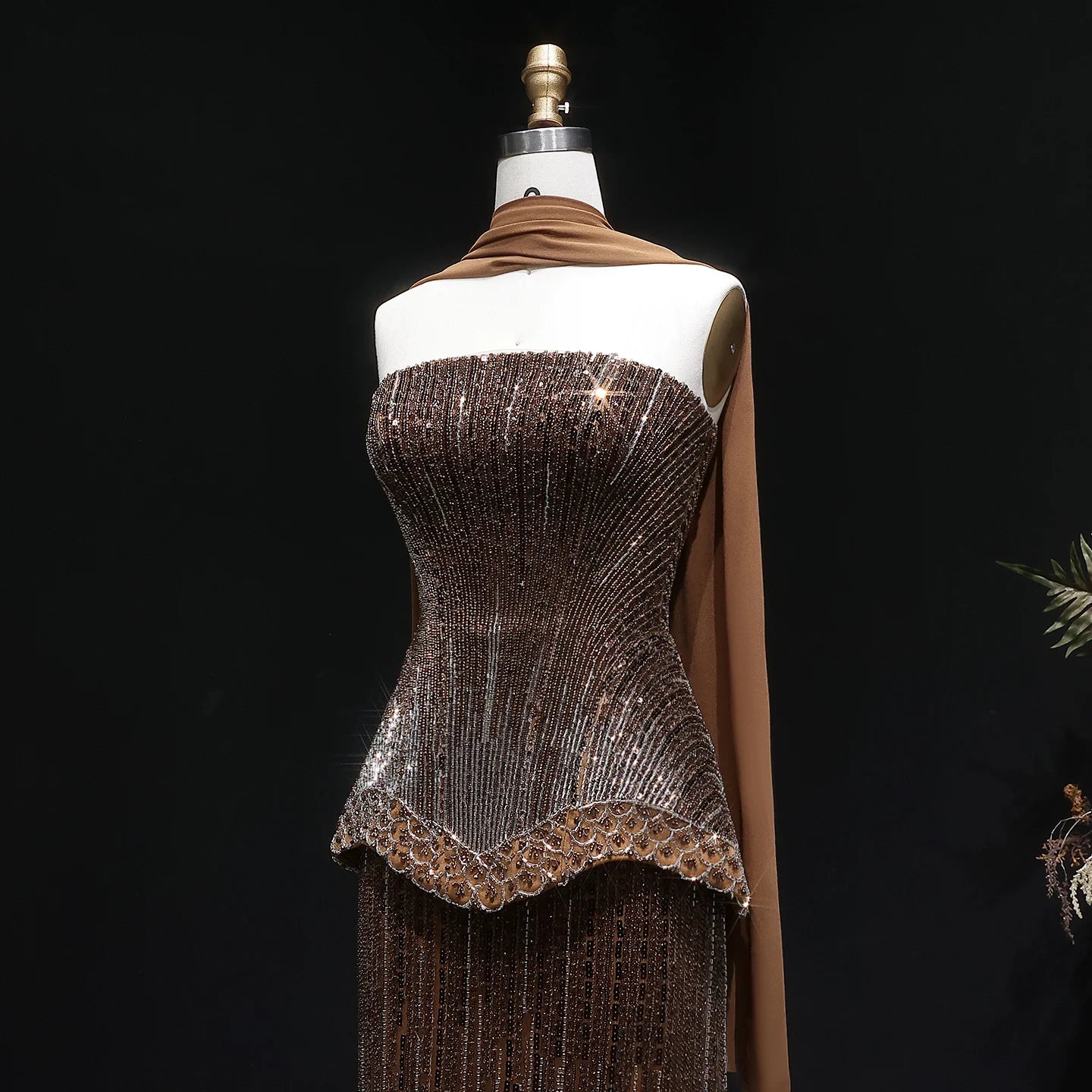 Pink Strapless Sequined Two-Piece Evening Gown with Scarf — GCC Luxury — Riviera Couture GCC Luxury Evening Gown