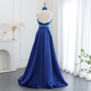 Royal Blue Contrast Turquoise Halter Neck Evening Dress with Overskirt - Riviera Couture