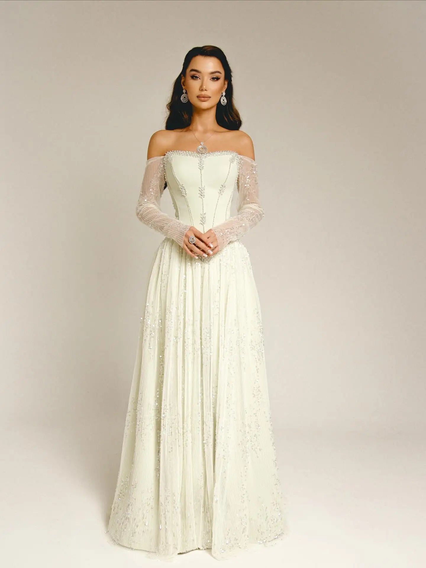 Beige Off-Shoulder Long Sleeve Sequined A-Line Evening Gown — GCC Formal — Riviera Couture GCC Luxury Evening Gown