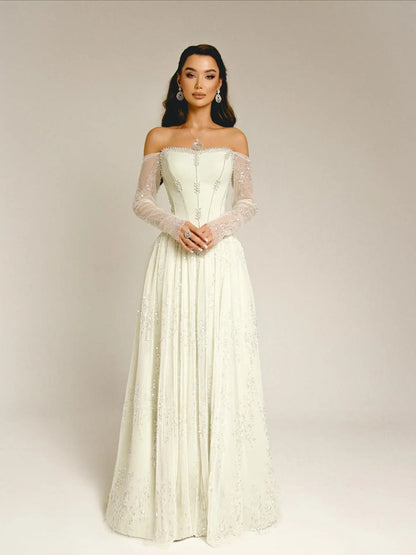 Beige Off-Shoulder Long Sleeve Sequined A-Line Evening Gown — GCC Formal — Riviera Couture GCC Luxury Evening Gown