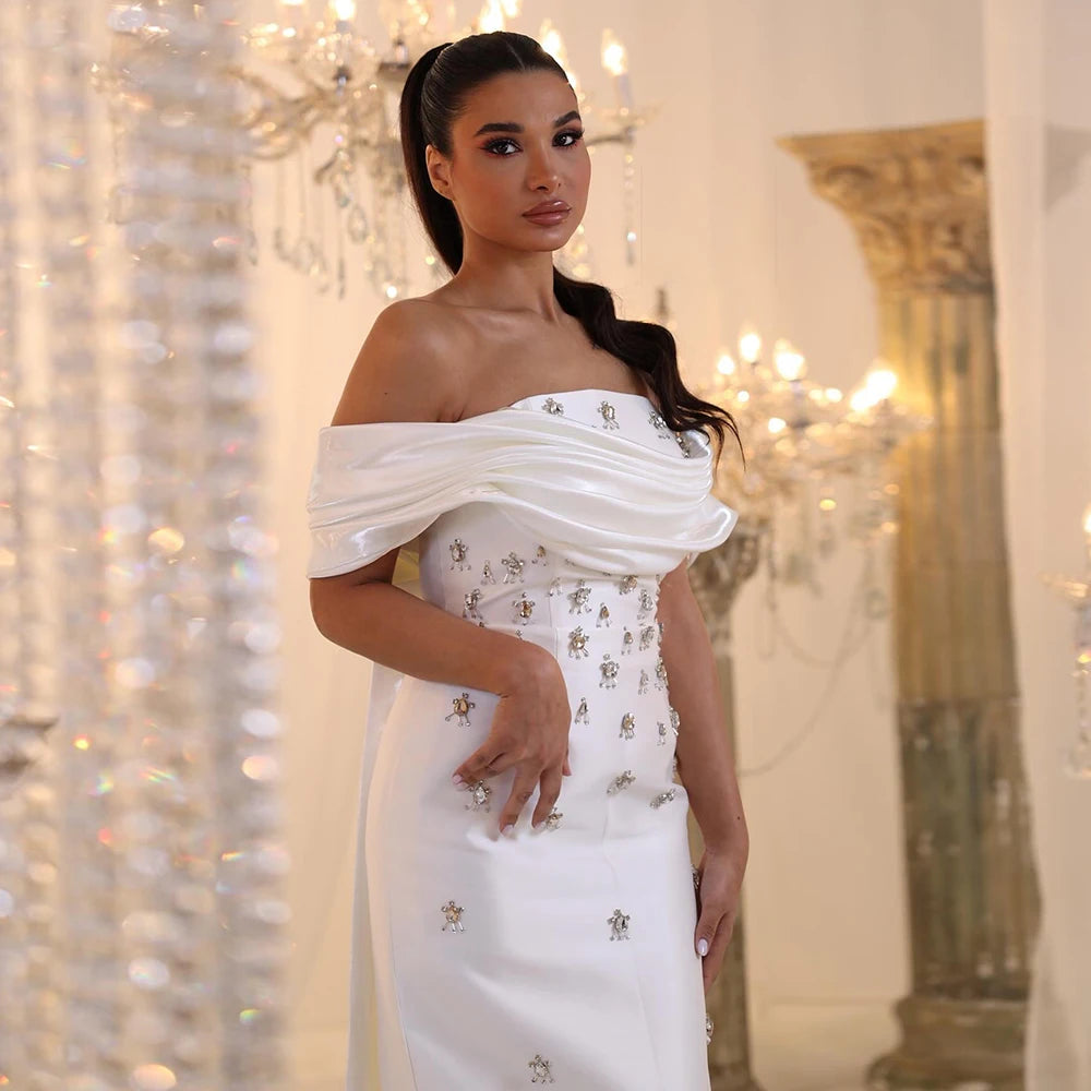 Blue Blue Satin Off-Shoulder Evening Gown with Crystal Overskirt — Midi — Riviera Couture GCC Luxury Evening Gown