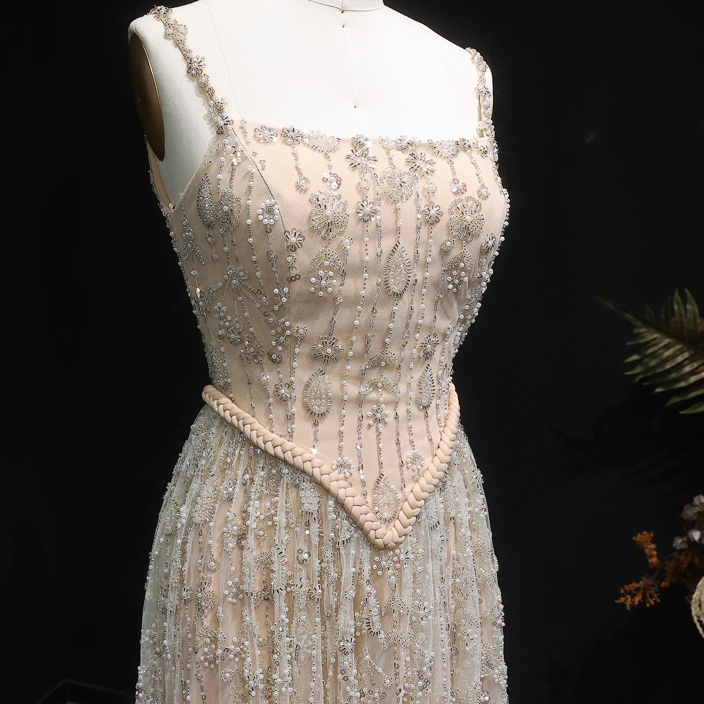 Green Long Sleeves Sage Green Spaghetti Strap Evening Gown — Arabic Luxury 2026 — Riviera Couture GCC Luxury Evening Gown