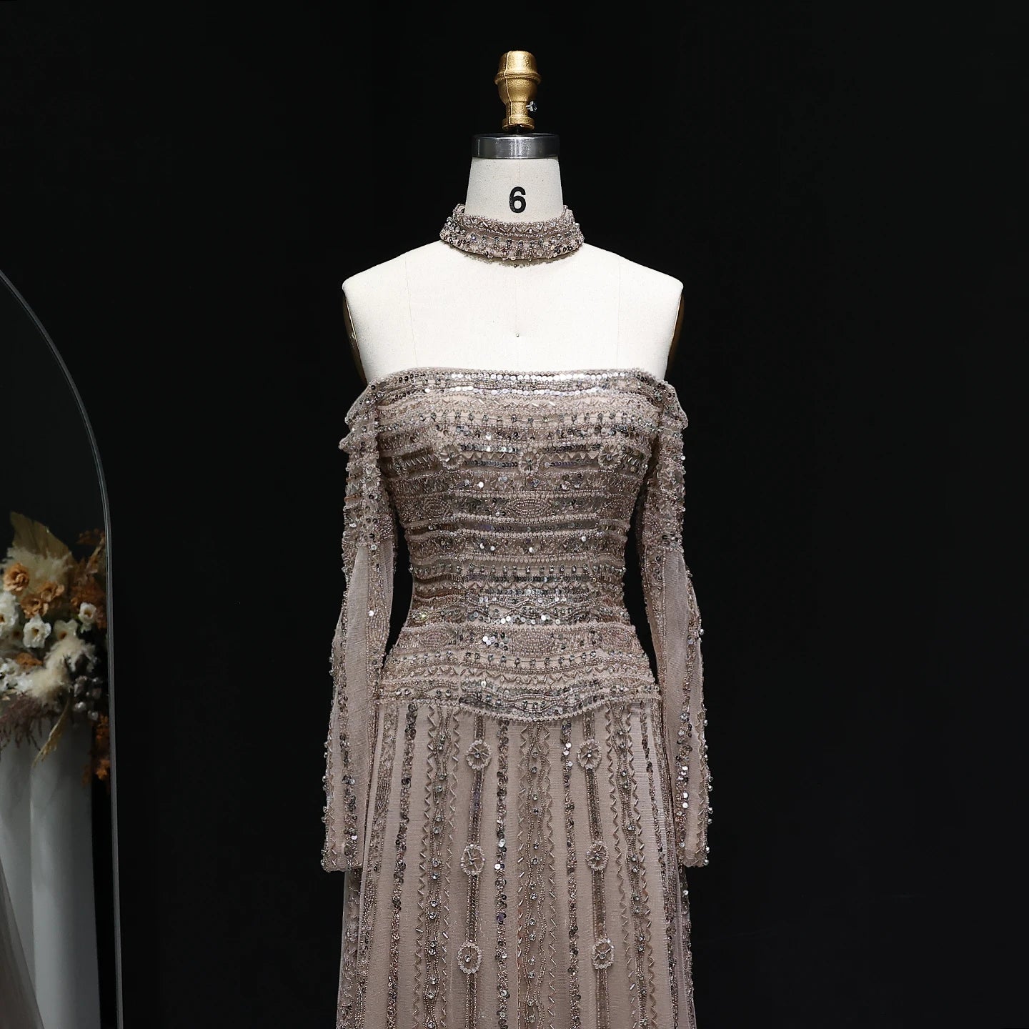 Pink Pink Off-Shoulder Evening Gown with Choker — Heavy Beaded Long Sleeve — Riviera Couture GCC Luxury Evening Gown