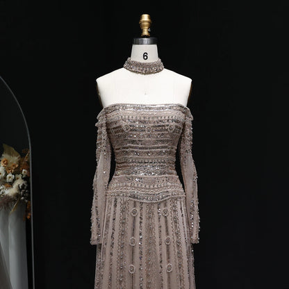 Pink Pink Off-Shoulder Evening Gown with Choker — Heavy Beaded Long Sleeve — Riviera Couture GCC Luxury Evening Gown