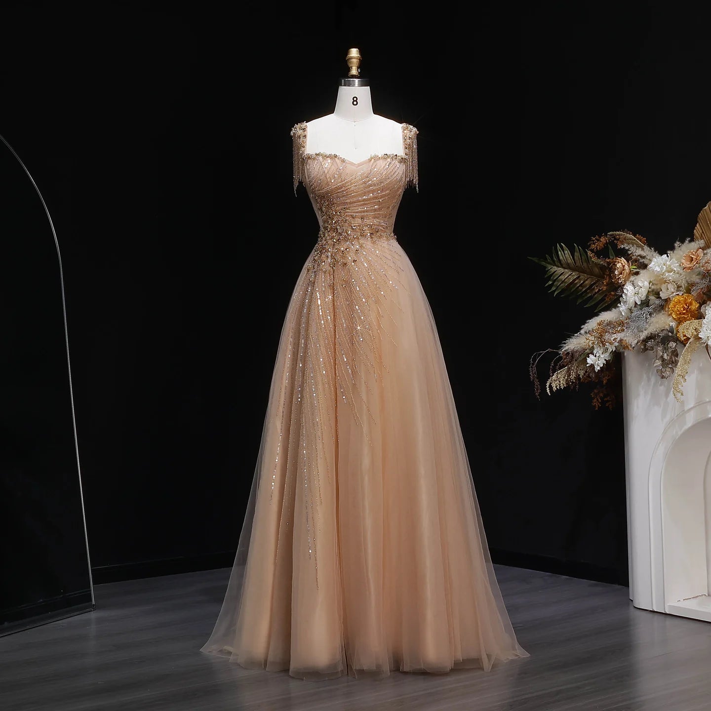 A-Line Evening Gown — Tassel Beaded Crystal GCC Luxury 2026 — Riviera Couture GCC Luxury Evening Gown