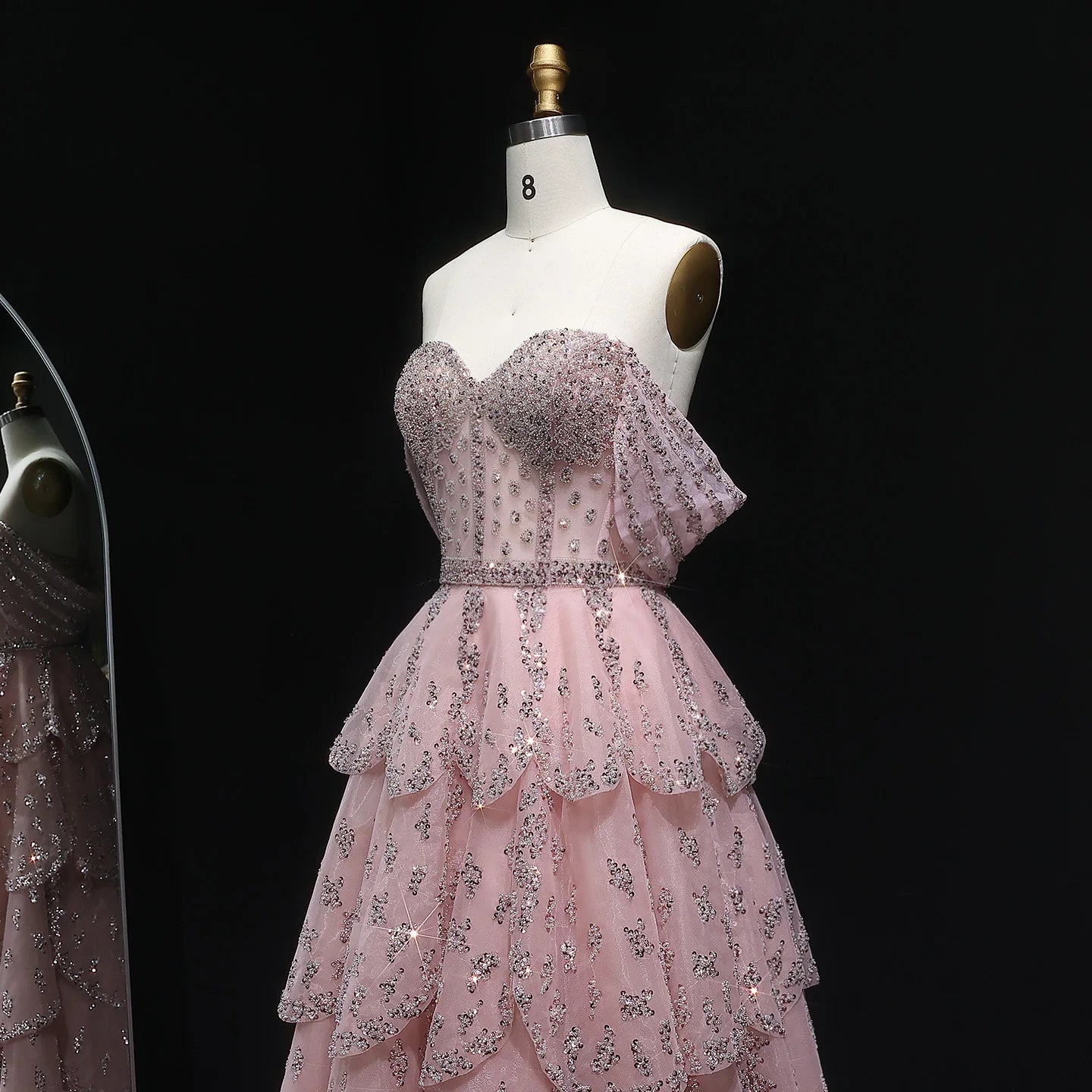 Pink Off-Shoulder Tiered Ruffle Evening Gown — Luxury Beaded Arabic — Riviera Couture GCC Luxury Evening Gown