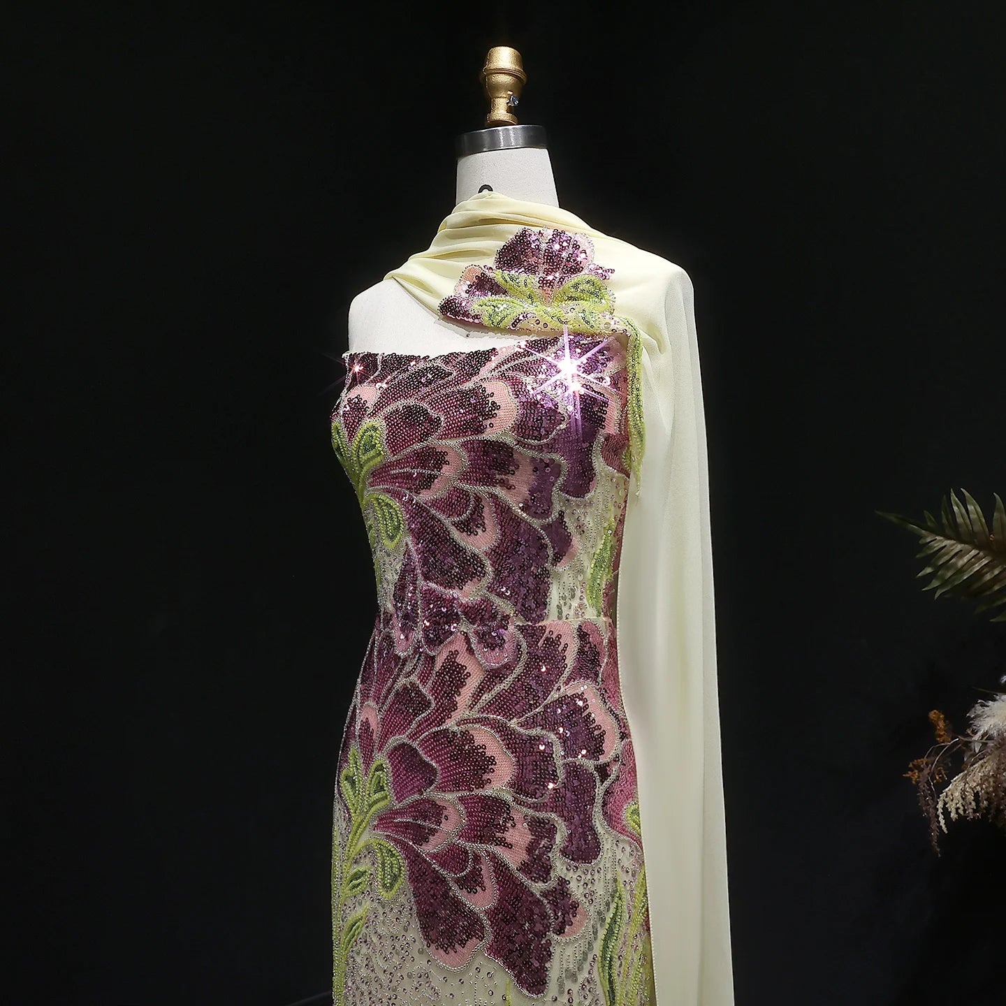 Beaded Sequined Mermaid Evening Gown with Scarf — GCC Luxury — Riviera Couture GCC Luxury Evening Gown