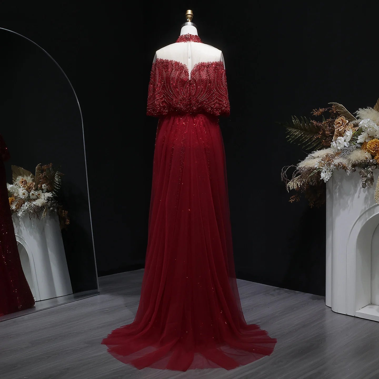 Green Gray Dubai Evening Gown with Cape — Long Sleeve Detachable Overskirt — Riviera Couture GCC Luxury Evening Gown