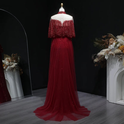 Green Gray Dubai Evening Gown with Cape — Long Sleeve Detachable Overskirt — Riviera Couture GCC Luxury Evening Gown