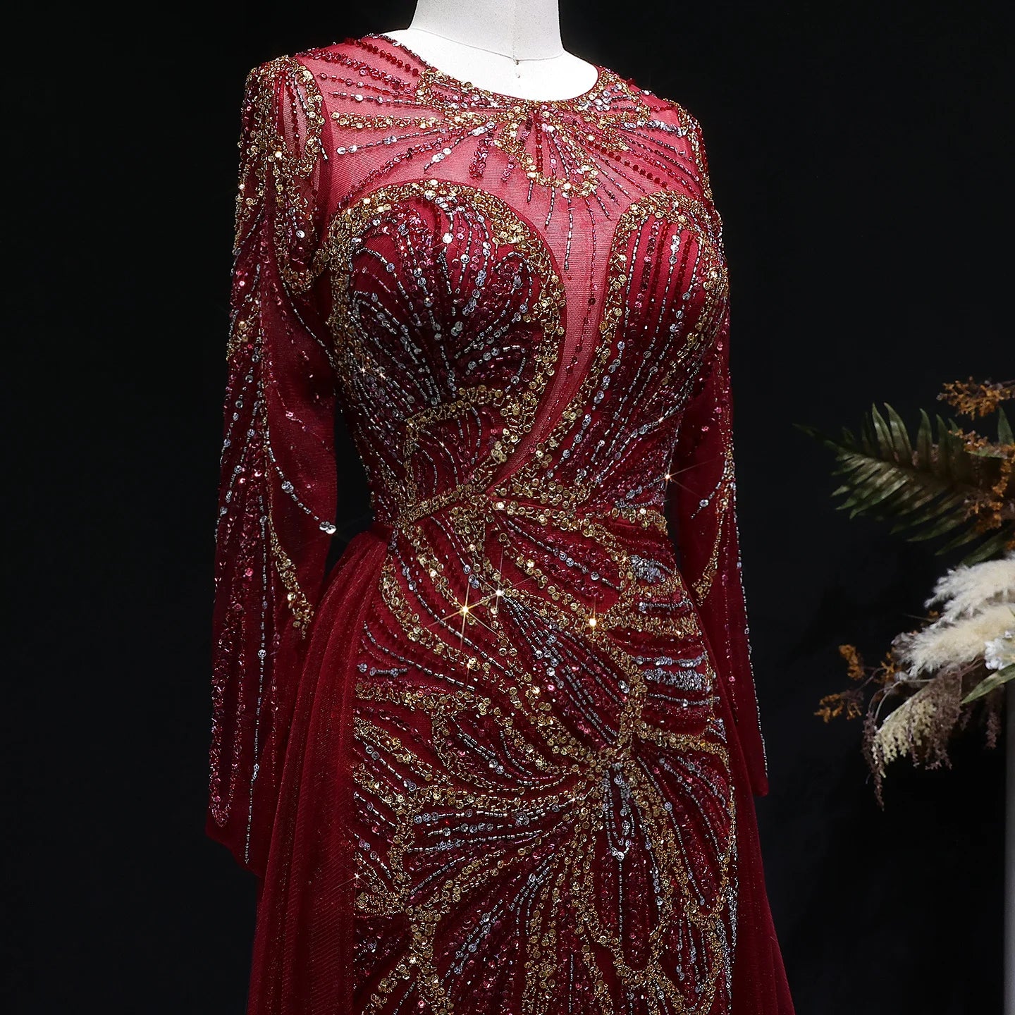 Green Beaded Long Sleeve Evening Gown with Overskirt and Side Slit — Riviera Couture GCC Luxury Evening Gown
