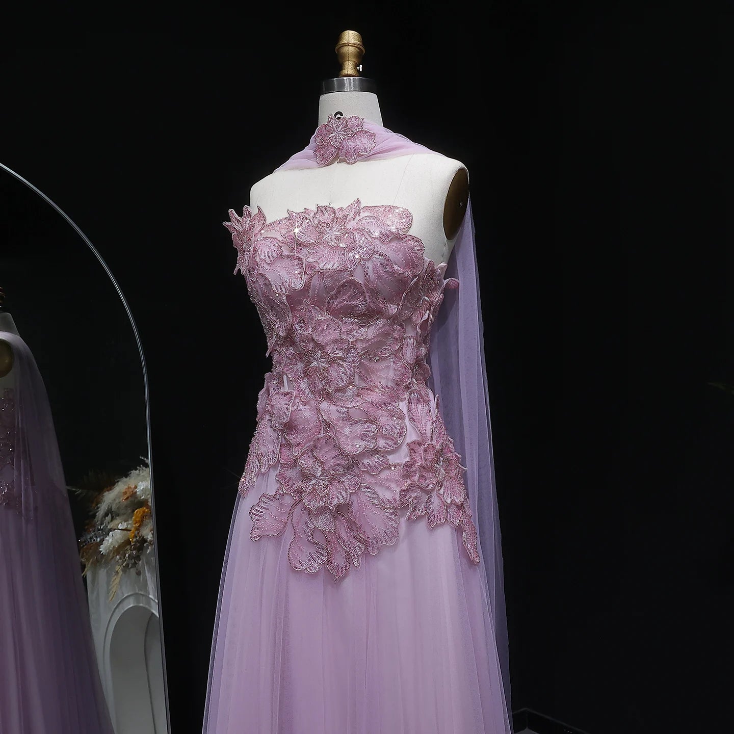 Pink A-Line Evening Gown with Scarf — Appliqué Beaded GCC Formal — Riviera Couture GCC Luxury Evening Gown
