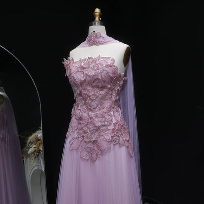 Pink A-Line Evening Gown with Scarf — Appliqué Beaded GCC Formal — Riviera Couture GCC Luxury Evening Gown