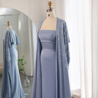 Blue Mermaid Evening Dress with Cape Sleeves - Riviera Couture