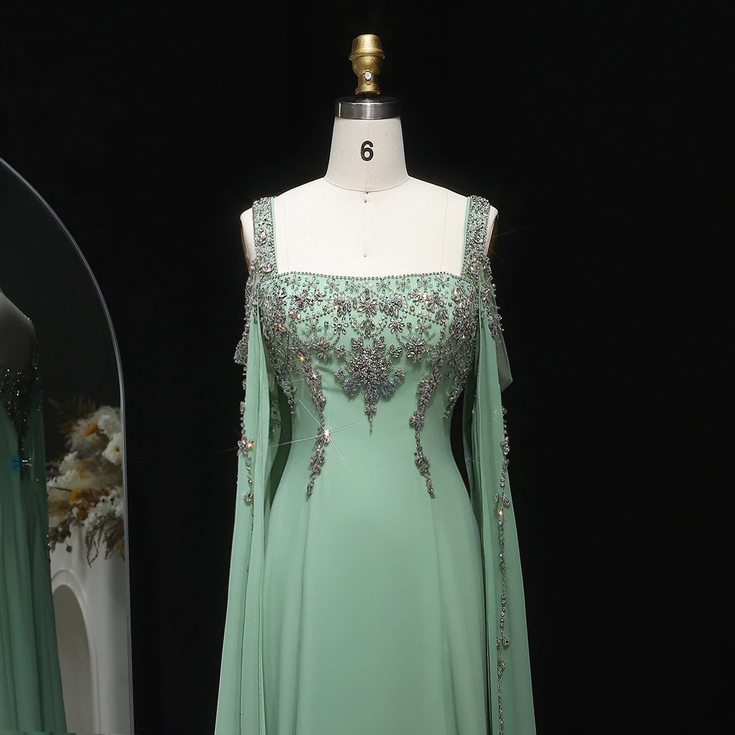 Green Blue Crystal Evening Gown with Flowing Cape Sleeve — Arabic Luxury — Riviera Couture GCC Luxury Evening Gown