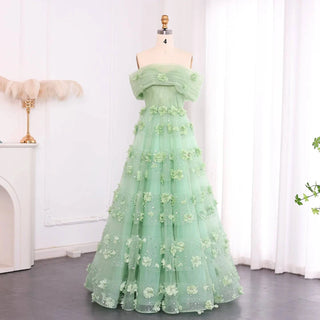 Sage Green 3D Flowers Evening Dress with Cape - Riviera Couture