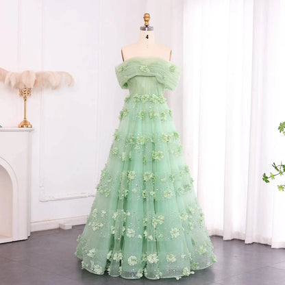Sage Green 3D Flowers Evening Dress with Cape - Riviera Couture