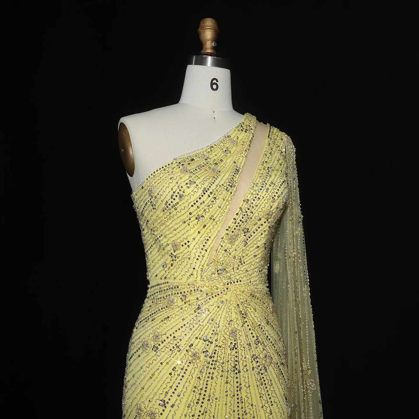 black Black One-Shoulder Mermaid Evening Gown with Yellow Flowing Cape — Riviera Couture GCC Luxury Evening Gown