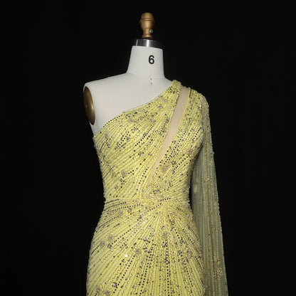 black Black One-Shoulder Mermaid Evening Gown with Yellow Flowing Cape — Riviera Couture GCC Luxury Evening Gown