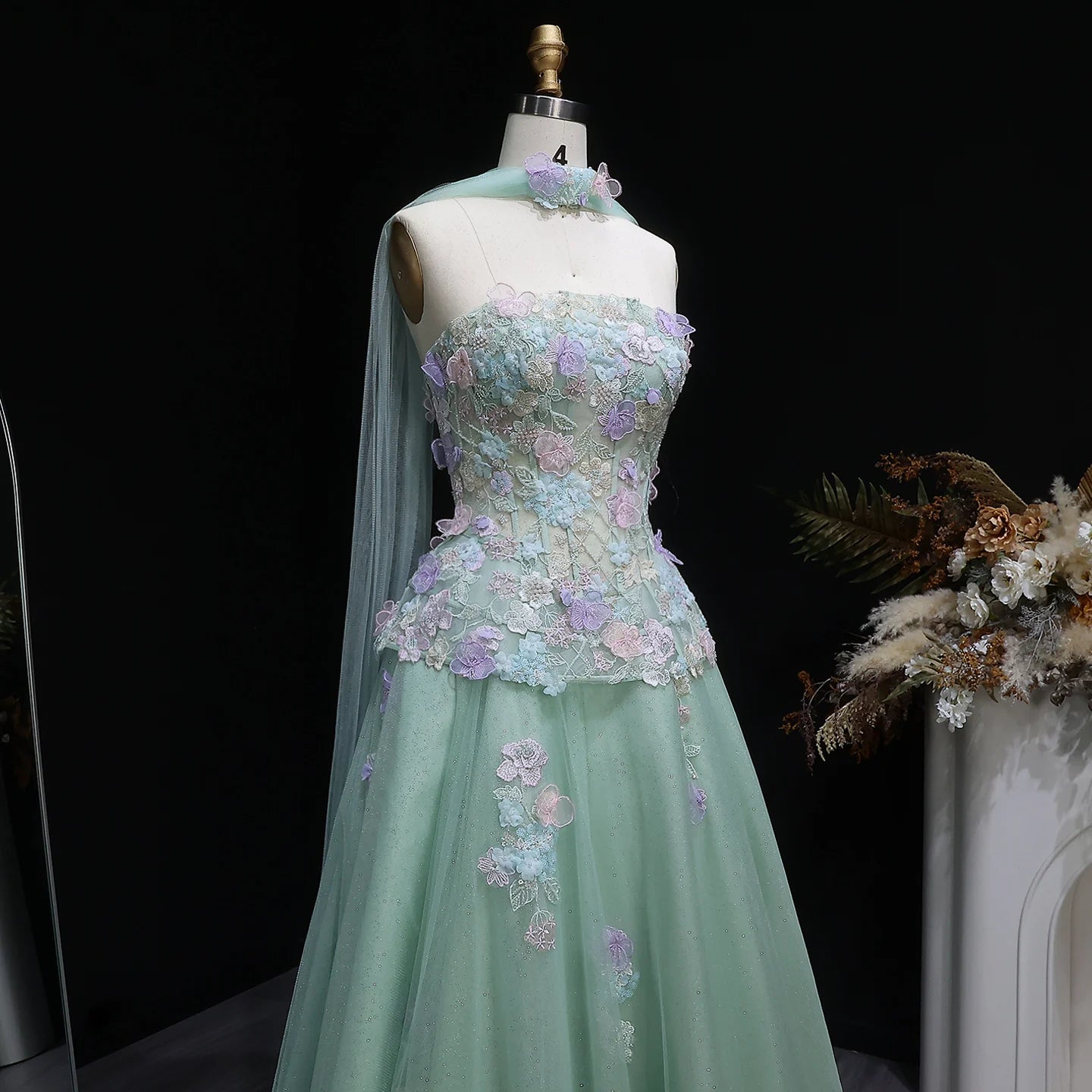 Sage Green Sage Green A-Line Evening Gown with Scarf — 3D Flowers GCC 2026 — Riviera Couture GCC Luxury Evening Gown