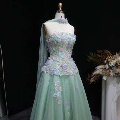 Sage Green Sage Green A-Line Evening Gown with Scarf — 3D Flowers GCC 2026 — Riviera Couture GCC Luxury Evening Gown