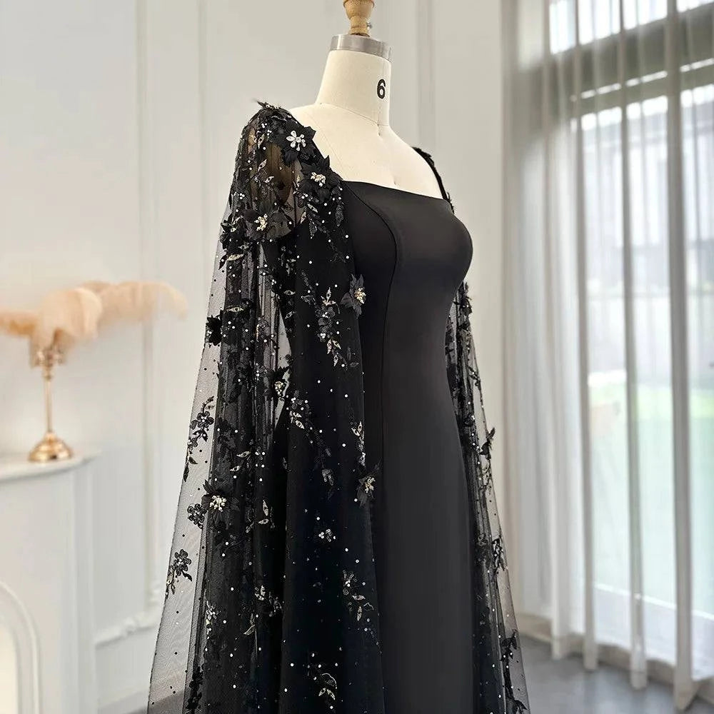 3D Flowers Black Cape Dress - Riviera Couture