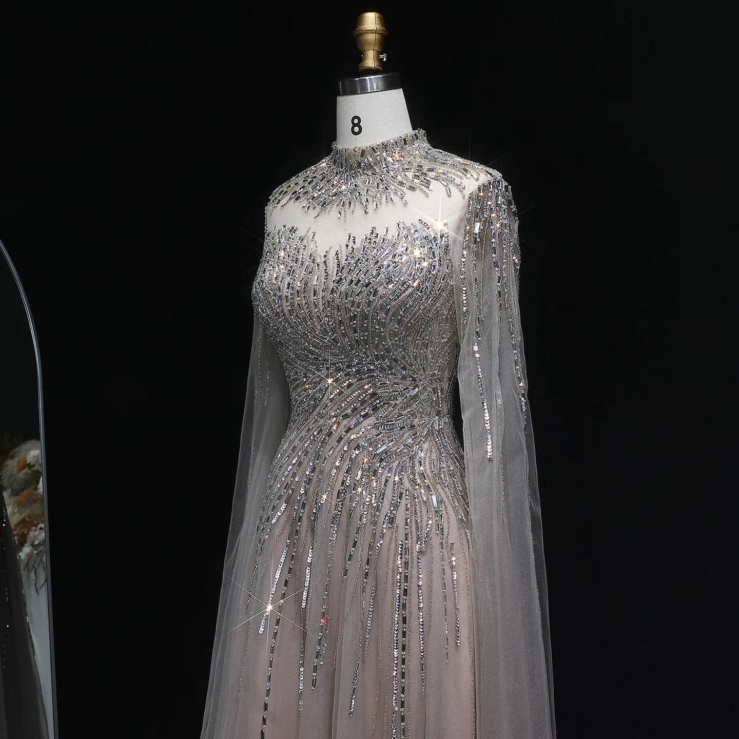 Blue Caramel Beaded High Neck Cape Sleeve Evening Gown — Sequin Tulle — Riviera Couture GCC Luxury Evening Gown