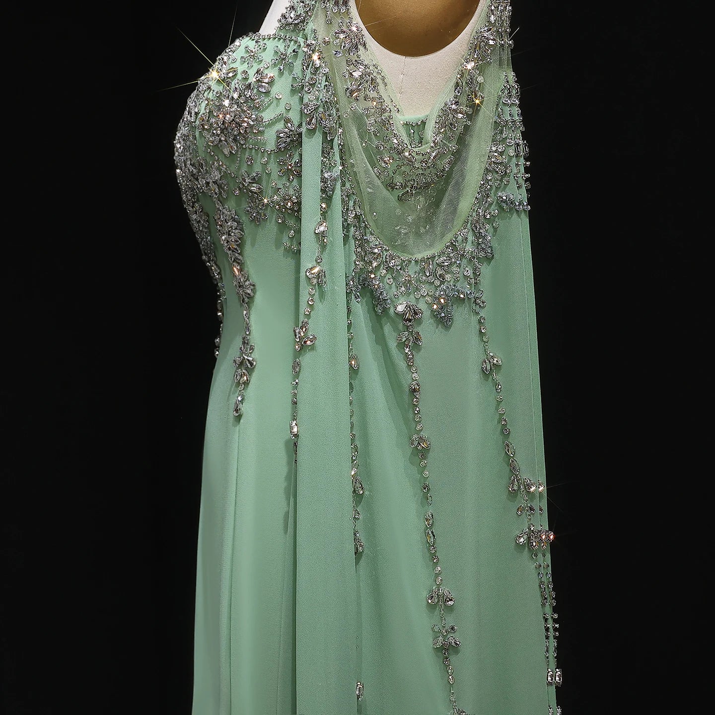 Yellow Blue Crystal Evening Gown with Flowing Cape Sleeve — Arabic Luxury — Riviera Couture GCC Luxury Evening Gown