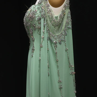 Yellow Blue Crystal Evening Gown with Flowing Cape Sleeve — Arabic Luxury — Riviera Couture GCC Luxury Evening Gown