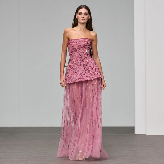 Blue Rose Pink and Blue Beaded Two-Piece Strapless Evening Gown — GCC — Riviera Couture GCC Luxury Evening Gown